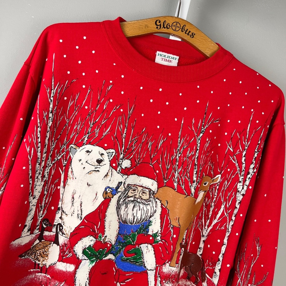 Holiday Time M/L? Christmas Scene Vintage Crewneck Sweatshirt Red Santa Woodland